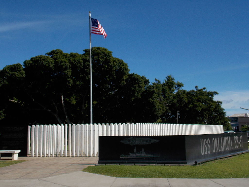 The USS Oklahoma Memorial at Pearl Harbor located on Ford Island