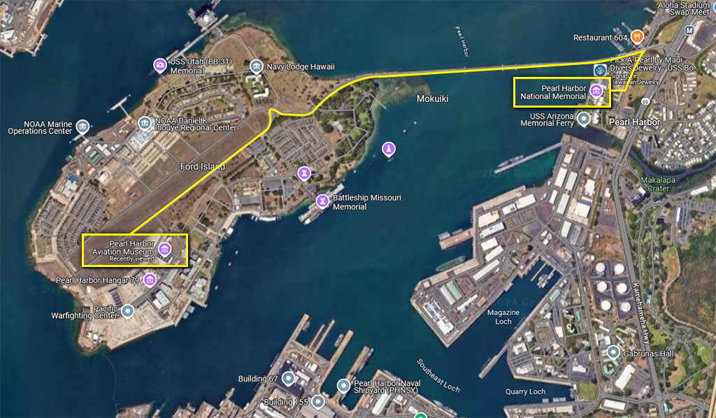 Map to the Pearl Harbor Pacific Aviation Museum located on Ford Island.